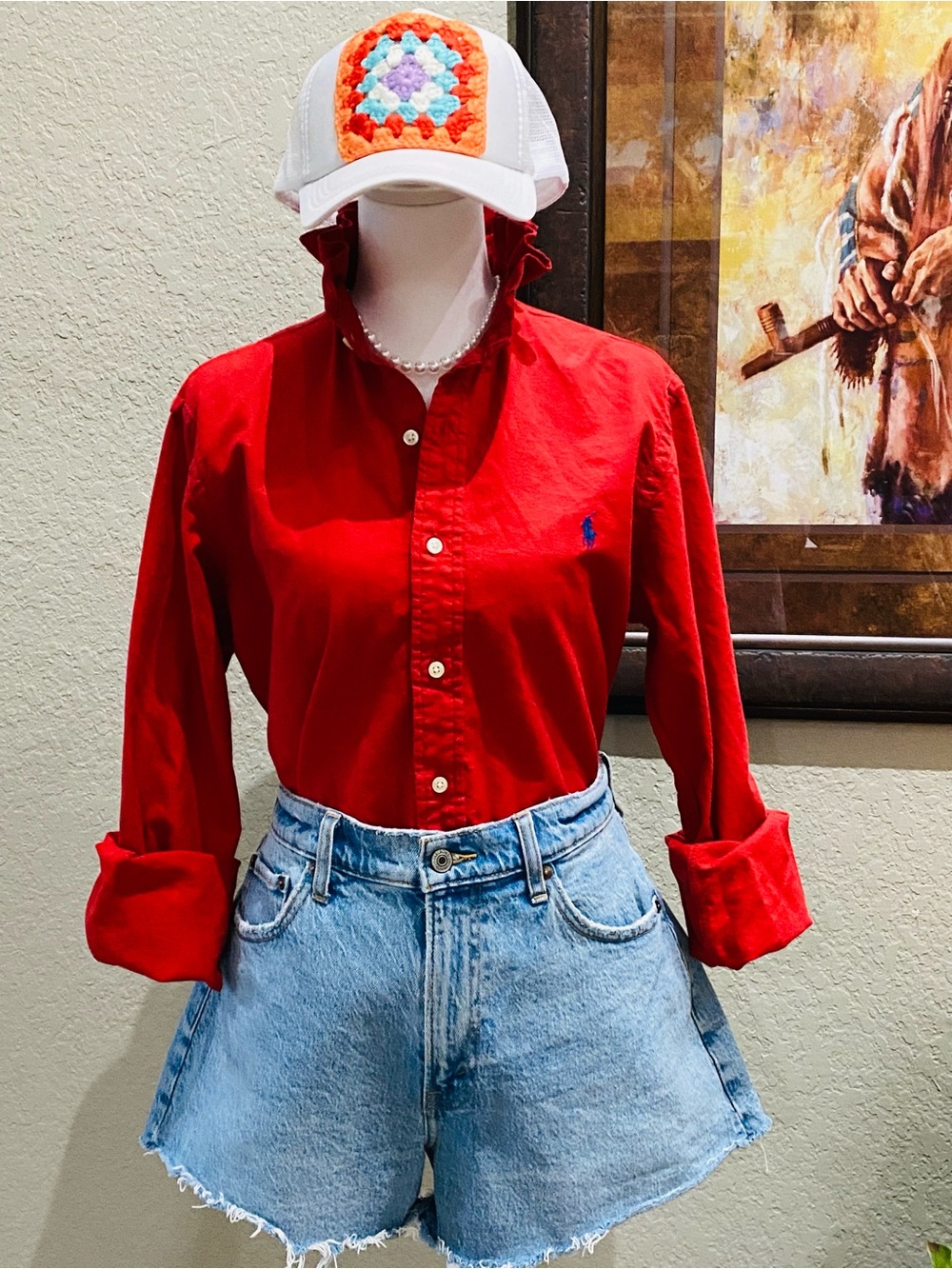 REWORKED Ralph Lauren Red Ruffle-Collar Cotton Button-Down Top - Picture 4 of 5